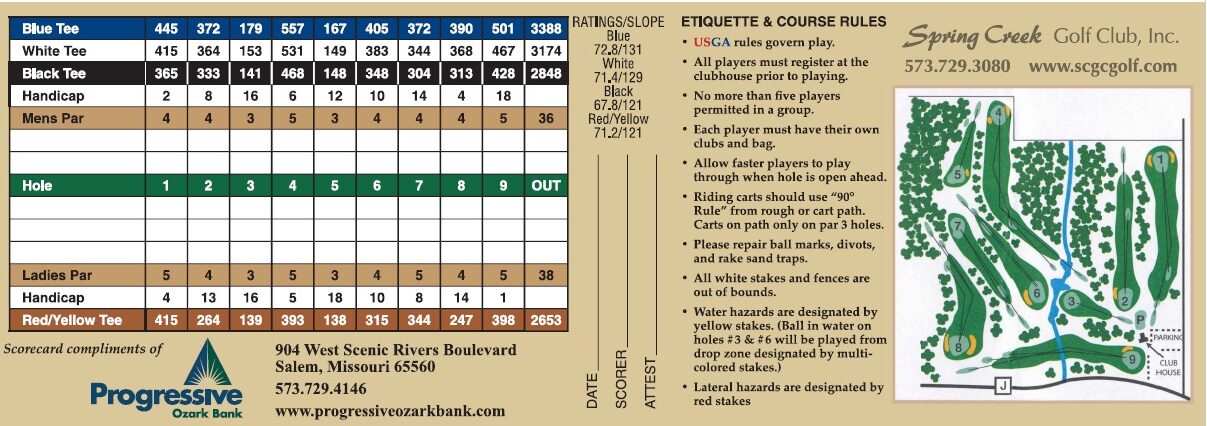 Page 1 of the golf scorecard for SCGC